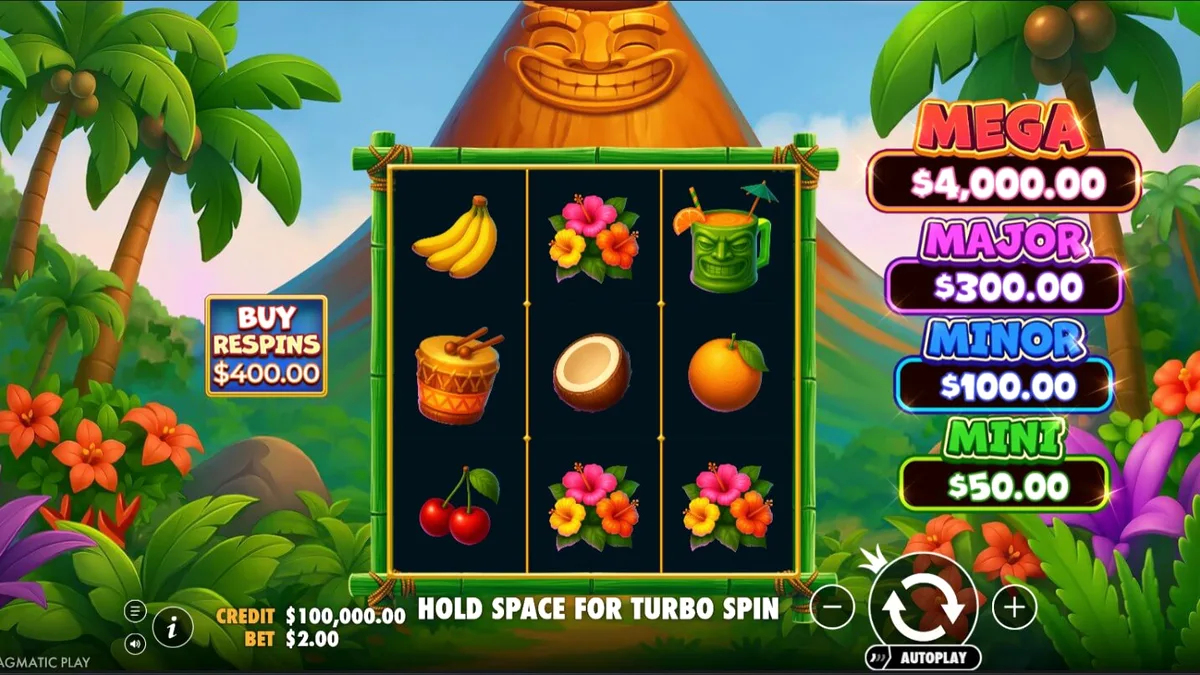 Interface do slot Super Tiki Strike com tema tropical e vulcão ao fundo
