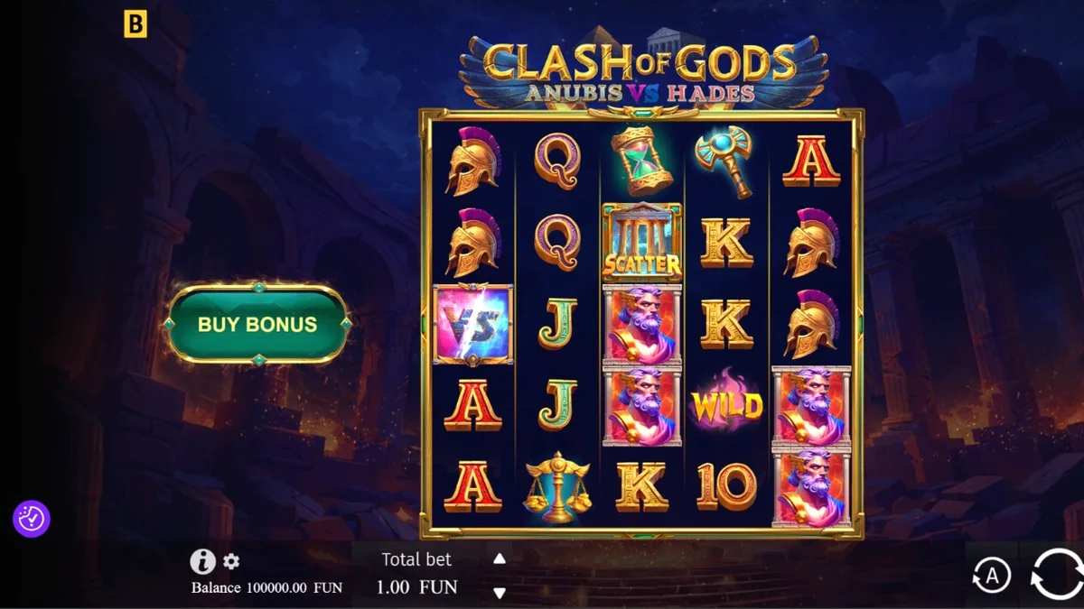 Interface do jogo Clash of Gods: Anubis vs Hades com elementos da mitologia egípcia e grega